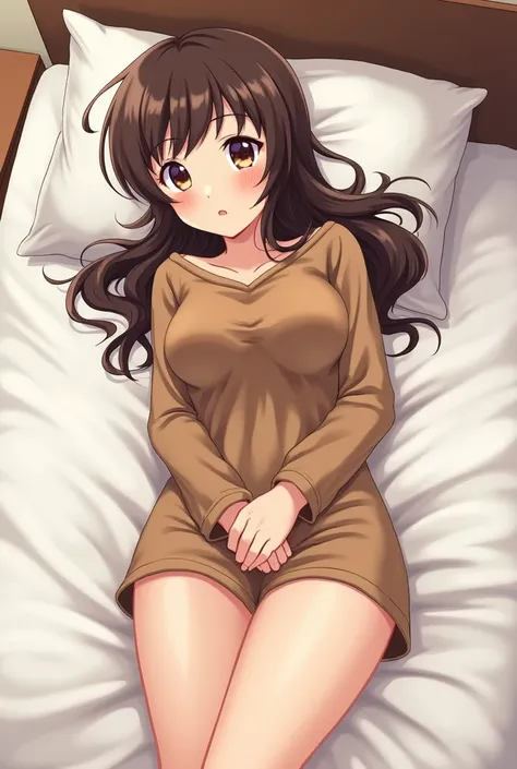 a cartoon picture of a woman laying in bed with a brown shirt, asuka suit under clothes!, pretty face with arms and legs, ecchi, oppai, her skin is light brown, makoto shinka, sfw version, ecchi anime style, hands behind her body pose!, seductive anime gir...