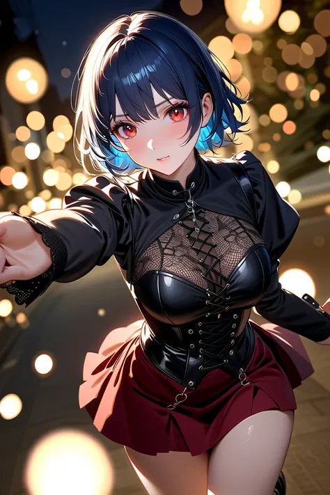 1 girl, masterpiece,  high resolution, accurate,  high detail, top quality, 
A blue-haired, short-haired high school girl with red eyes , 
, BREAK, (Matte black blouse with bishop sleeves and a lace yoke design,
Velvet black asymmetrical skirt with sheer p...