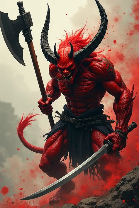 A red demon carrying a giant 10-meter-tall axe attacking Momotaro carrying a sword、A demon is a biological hybrid of a machine、The devil's big horns、 demons have full body tattoos、Momotaro is samurai style、 demons are in an attacking position、Meet and Kill...