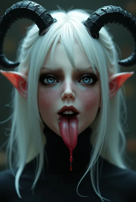 Front view art of a beautiful demon girl with white hair with scary teeth and mouth opened takes out her tongue 