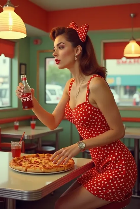 naughty playful cute pinup waitress with exaggerated curves serving hot-pizza n chilled-coke on table sensually bending forward in a retro 50's diner, bold vivid colors, sepia style, whimsical, stylized pop art