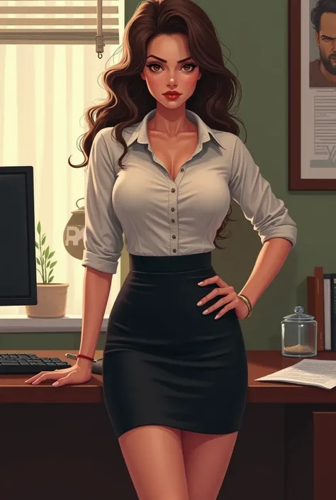  An extremely sensual woman , She is a secretary, Wear a tight dress black skirt,  a dress shirt with a tight button, Your breasts are gigantic, And your thighs barely fit the skirt, She's holding her clipboard, And she has an angry face ,  she's in your o...