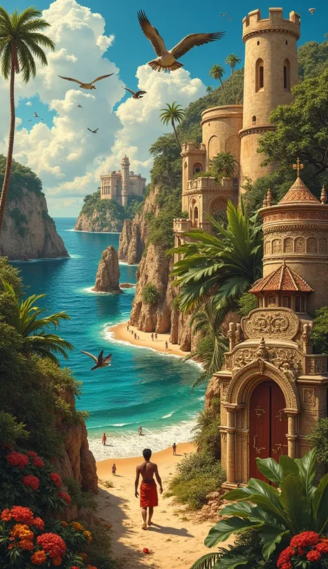  Art collage with symbols symbolizing historical customs。Polynesian beaches 、 African village 、Background with a fantastic fusion of medieval European castles, etc. 。