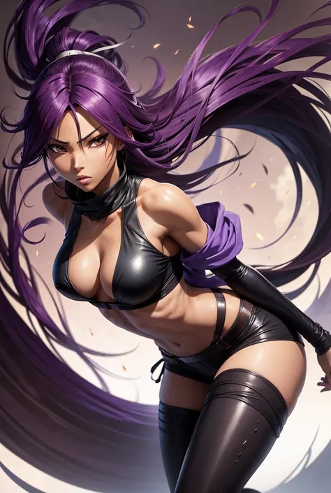 Shihouin Yoruichi personnage du manga bleach
Cheveux Longs, Cheveux Violets, Queue de Cheval, Canon, Style Animé, 