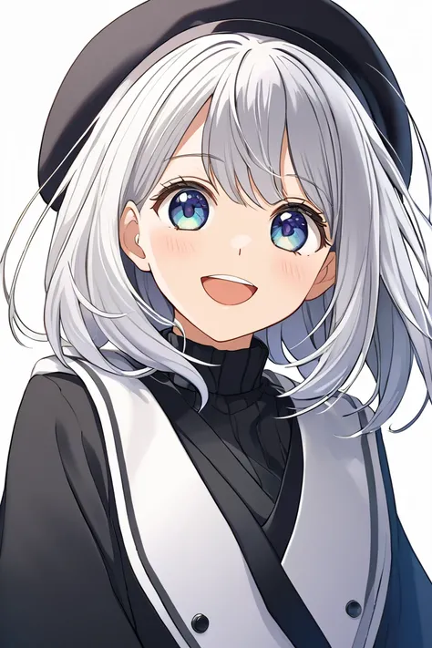  1 girl, Alone,  long hair,  high resolution,  high resolution,  simple background, silver Hair/ short silver hair,anime, SHORTCUTS ,  happy/joy,  beret,  high resolution, 