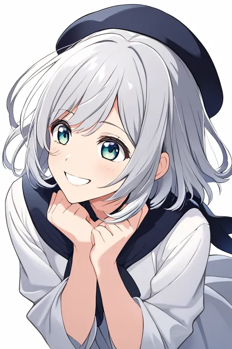  1 girl, Alone,  long hair,  high resolution,  high resolution,  simple background, silver Hair/ short silver hair,anime, SHORTCUTS ,  happy/joy,  beret,  high resolution, 