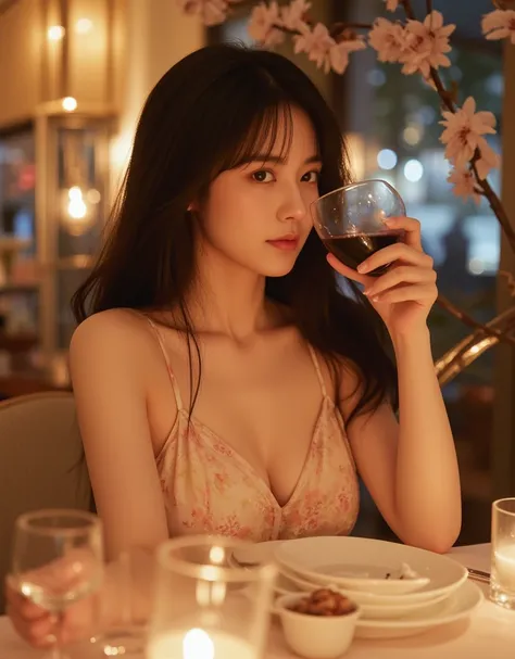 "A romantic spring evening photograph of a stunningly beautiful and cute young Japanese woman enjoying a glass of wine on a date. Her fair, translucent skin glows softly under the warm ambient lighting, giving her an ethereal and elegant charm. Her long, s...