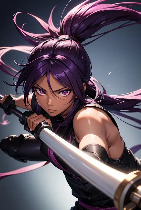 A beautiful detailed portrait of Shihouin Yoruichi from the manga Bleach, long violet hair in a ponytail, realistic style, dark skin, dynamic pose wielding a cannon, highly detailed, hyper realistic, 8k, masterpiece, photorealistic, physically-based render...