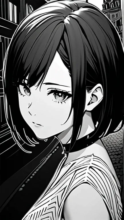  Masterpart ,  monochrome， highest quality,  delicately drawn ,  high resolution,  extremely delicate and beautiful ,  1 girl,    with a bleak expression， watching viewers, visualization tool ,  black choker,  black hair,  short hair, hair behind the ear, ...