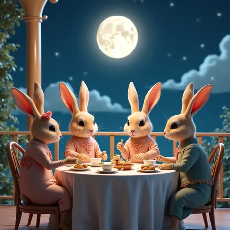 Look up at the moon at night　 at the balcony table　Rabbits wearing clothes that eat tea and dumplings