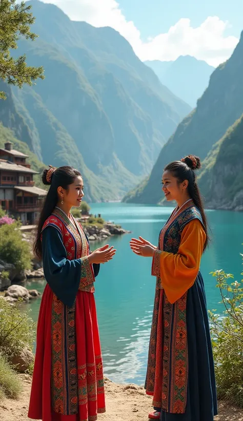 Mountainous Village 、 beautiful lakeside 、A woman wearing a colorful national costume freely talking to a man。 relaxed personality 、 Composition Symbolizing Open Culture 。