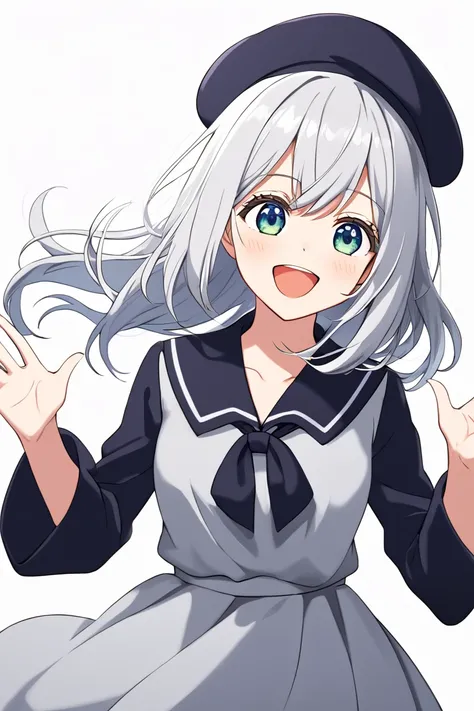  1 girl, Alone,  long hair,  high resolution,  high resolution,  simple background, silver Hair/ short silver hair,anime, SHORTCUTS ,  happy/joy,  beret,  high resolution, 