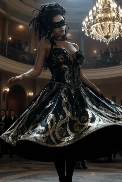 A dramatic shot of the Opera Snake Queen, a captivating figure, veiled in mystery as she mesmerizes the crowd at a masquerade ball. Her stunning costume gleams under the dimly lit opera house's chandelier, adorned with intricate serpentine patterns that se...