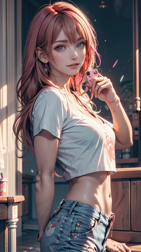 AniPoma 1,( Masterpiece, Best Illustrated , The best manga), Alone,  1 girl, violet eyes, (  shiny skin,  soft hair for cell phones), (Milkshake in hand),  freckles, (Bright pink two-tone hair:1.3), ( wear a Led Zeppelin t-shirt,  denim jeans), ( extreme l...