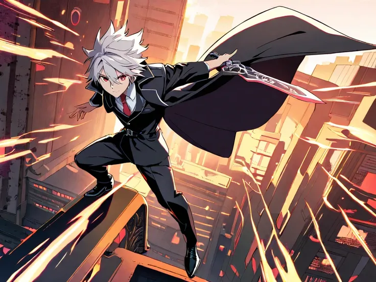 masterpiece, best quality, ultra-detailed, anime-style, stunning 21-year-old male assassin with short flowing white hair, sharp crimson red eyes glowing faintly, serious and intense expression, wielding a sleek and deadly dagger in one hand, dynamic and co...