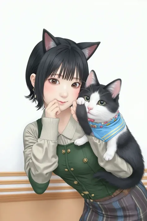  Masterpiece, 4K, Bokeh, ( cute:1.5), ( beautiful girl:1.3), ( Japanese idol:1.6), (Cat ears:1.3) , ( school uniform :1.3),  (I like cats :1.6),  blushed, close, (眠っている cute白猫を抱っこする :1.5), (Kissing a cat:1.3), ( white background :1.4), 