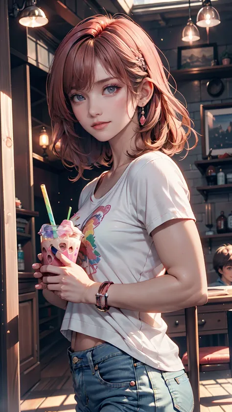 AniPoma 1,( Masterpiece, Best Illustrated , The best manga), Alone,  1 girl, violet eyes, (  shiny skin,  soft hair for cell phones), (Milkshake in hand),  freckles, (Bright pink two-tone hair:1.3), ( wear a Led Zeppelin t-shirt,  denim jeans), ( extreme l...