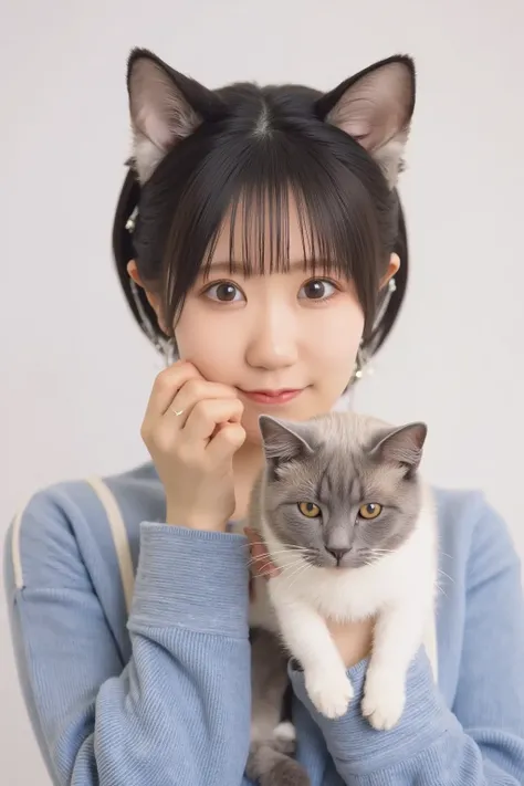  Masterpiece, 4K, Bokeh, ( cute:1.5), ( beautiful girl:1.3), ( Japanese idol:1.6), (Cat ears:1.3) , ( school uniform :1.3),  (I like cats :1.6),  blushed, close, (眠っている cute白猫を抱っこする :1.5), (Kissing a cat:1.3), ( white background :1.4), 