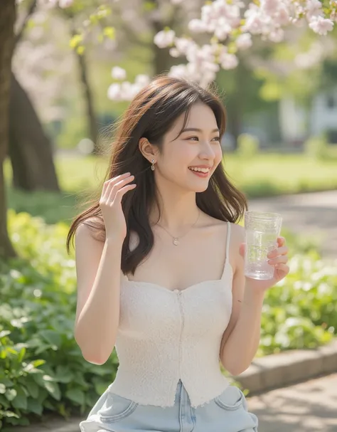 A beautiful young woman in her early twenties with a cute and charming appearance is enjoying a romantic date in a lush spring park. She is wearing a stylish sleeveless outfit, perfect for the warm and breezy spring weather. Her long, flowing hair sways ge...