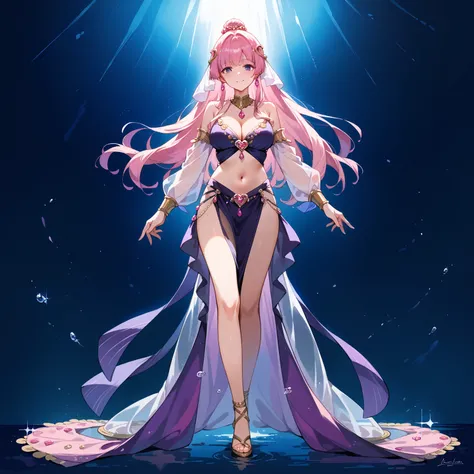  score_9,  score_8_ up the side,  score_7_ up the side,  source_Anime, 1 girl, Alone,  and stare at the viewer, illustration ,  Beautiful Delicate Long Hair Pink Hair Purple Eyes, Soft dancer dancer costume see-through smile full body chest 