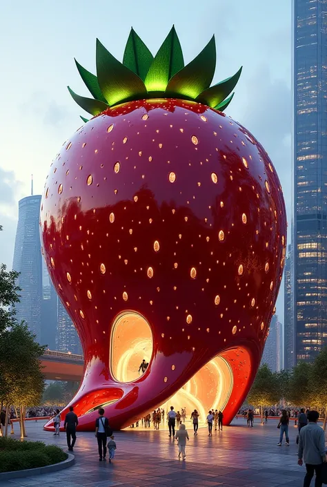 Design a futuristic building inspired by the form and texture of a ripe strawberry. The structure features a glossy red exterior that mimics the strawberry's surface, with embedded LED lights representing seeds, providing subtle illumination at night. Orga...