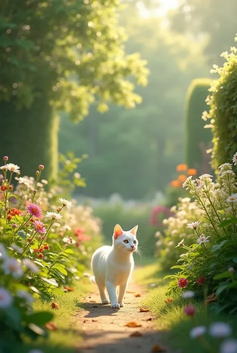 White cat walking in a beautiful garden
