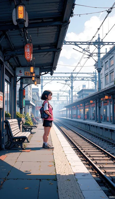   電車の駅のホームで待っている女の子の pixel アートのシーン, CMYK palette,    Lofi Girl   ,   驚くべき pixel アート  ,   pixel animeーションスタイルの街並み  ,     pixel animeーション、 still image 、anime、color paper    ,  pixel ゲームイラスト  , mamoru hosoda,   Aesthetic from 90s game Aesthetic 、 pixel   