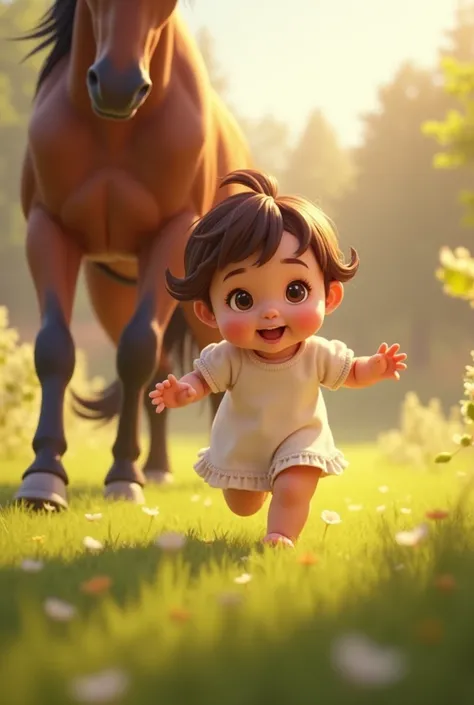 /image prpompt baby brown hair brown eyes "A baby, just starting to walk, chases after the sheep with tiny, wobbly steps. Each stride through the grass boosts their confidence a bit more. Baby giggles, the surprised clucks of the horse, and feathers shimme...