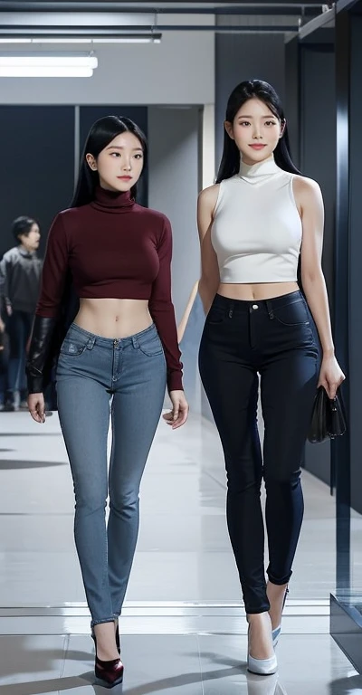 Acurate 、 Studio background 、 Fully Body Photo from head to toe 、 Standing in their full height from head to toe 、 1 Yeri 、 Black hair、black eyes、Semi-long、setting hair、Slender but well-proportioned muscular body、a smile、wearing a red turtleneck 、Abs are c...