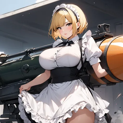  Masterpiece,  TOP QUALITY,  high resolution,2BNAXL ,   hairband ,  blonde, short hair,Big Breasts, maid clothes,Equip the rocket launcher