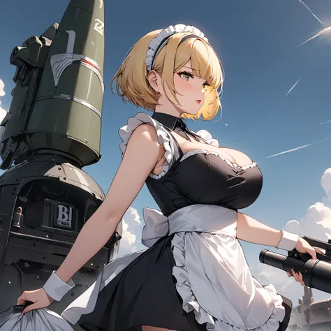  Masterpiece,  TOP QUALITY,  high resolution,2BNAXL ,   hairband ,  blonde, short hair,Big Breasts, maid clothes,Equip the rocket launcher