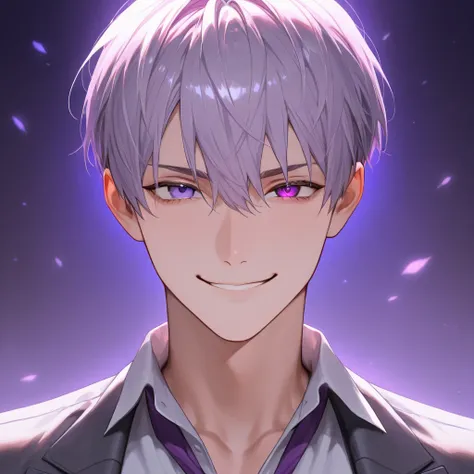 A short-haired man with purple eyes, but one eye is gray due to heterochromia. He has a mean smile.