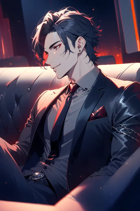 1 handsome manly male, styled short black hair, calm crimson eyes, languid gaze, 30 years old, high detaiL, perfect eyes, look away, solo, sexy, good posture, bad boy aesthetic, he is wearing dark grey suit and tie, sexy smile, VIP lounge background