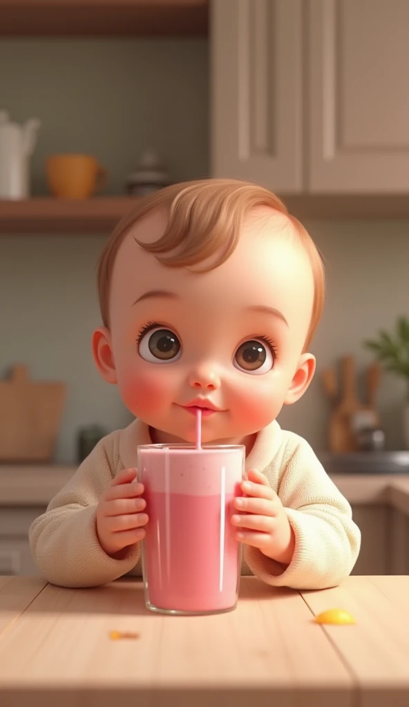 a realistic and cute newborn sitting drinking a pink liquid in a cup.He's in the kitchen wearing cute little clothes .