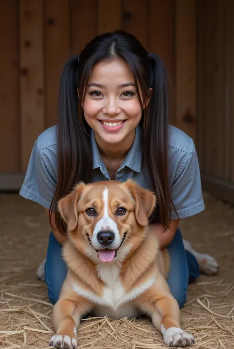 2 brunette on her hands and knees in a barn, there is a dog mounted on top of the brunette asian with ponytails, the brunette smile, front pov, doggystyle pose, safe for work