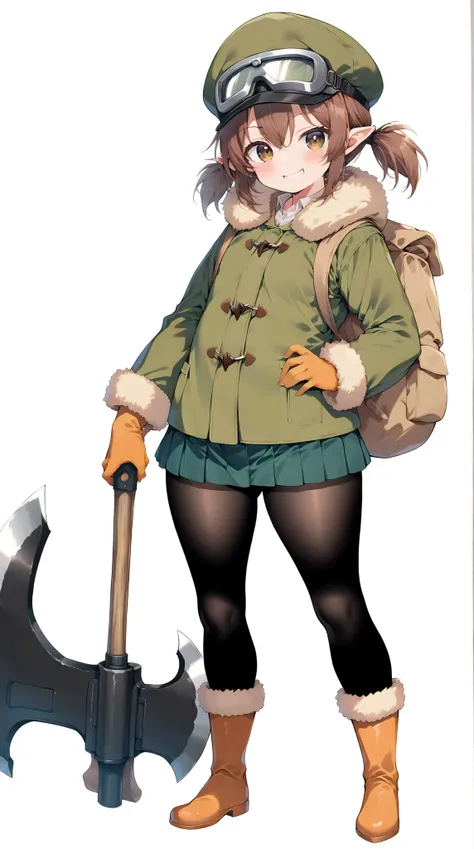 solo, (((Under 80 cm tall ))), ((( small  girl ))), ( plump body ), ( plump face),  chest,Thick thighs,( short legs), Smiling Quietly, Hand gloves , (((Big Axe))), ( white background), ( standing picture),  Masterpiece,  anatomically correct, fuzzy brown d...