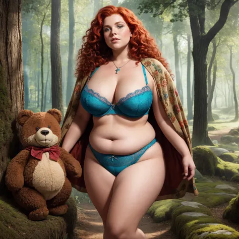              courageous female character from the Disney movie Brave.      too fat. obese.         curly red hair.           big boobs.       .   neckline.             The landscape is a village in an enchanted forest            .  Vagina with blue hair   ...