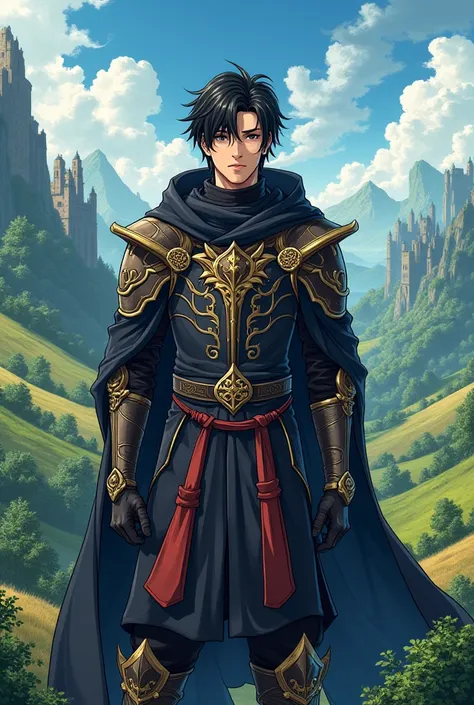 Sung Jinwoo in a medieval world wearing medieval clothes, in a more anime style artwork