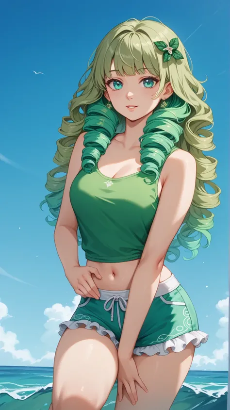 Evangeline "Eve" Tennyson (Eve 10)

Theme Color: Seafoam Green

Hairstyle: Short ringlets that frame her face

Eye Color: Teal-green

Hair Color: Chestnut brown with seafoam green tips

Skin Tone: Light olive

Outfit:

A seafoam green tank top

White frill...