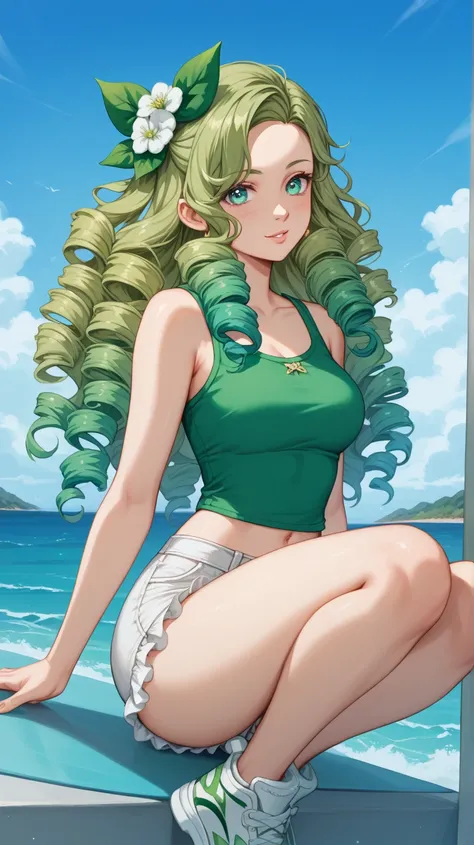 Evangeline "Eve" Tennyson (Eve 10)

Theme Color: Seafoam Green

Hairstyle: Short ringlets that frame her face

Eye Color: Teal-green

Hair Color: Chestnut brown with seafoam green tips

Skin Tone: Light olive

Outfit:

A seafoam green tank top

White frill...