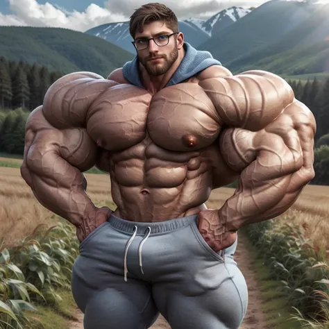 a very handsome man, big eyes, glasses, a little big muscular, defined chest, defined muscles, wearing a blue sweatshirt with gray pants, Adidas, standing sideways in a field at dawn with hands on hips, seen close up, exaggeratedly muscular, exaggeratedly ...