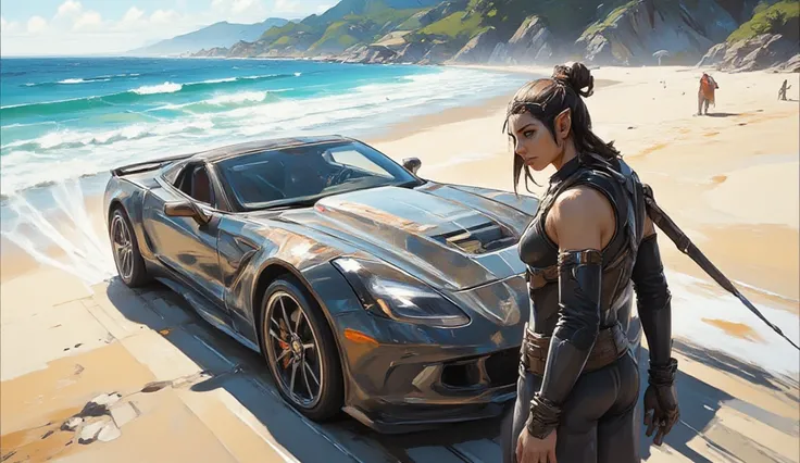 Elf in pilot's outfit, in front of a very detailed C3 Corvette, On a beach race track 