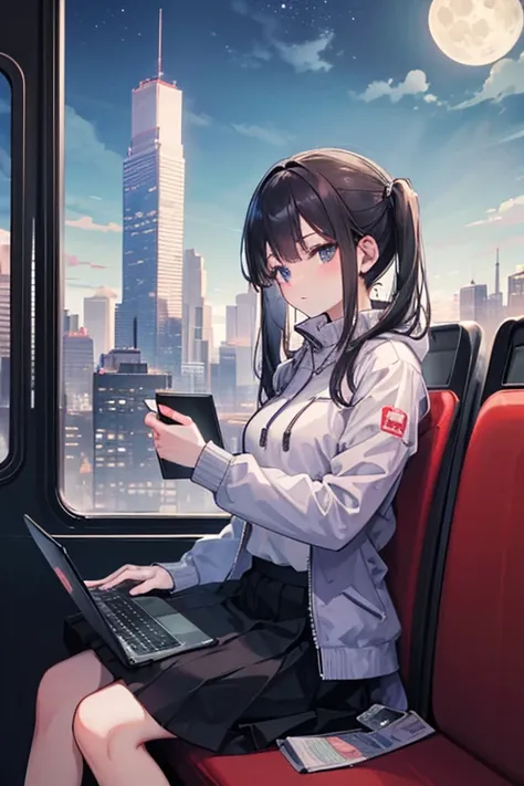   attention to detail ,  super detailed,  ultra high resolution, The girl on the train ,  long skirt, Relaxed parka, twin tails, Hair color is black, She's sitting on a train chair , Late Night,  midnight, Cityscape, A row of skyscrapers, I can see the ful...