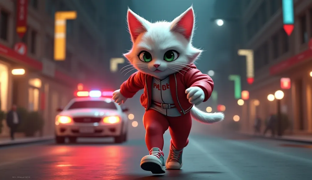 "A highly detailed 3D-rendered anthropomorphic cat girl with white fur and pink-dipped hair, running in panic on a city street at night. She has large expressive green eyes, wearing a red and white sporty jacket, tight pants, a belt, and sneakers. Her face...