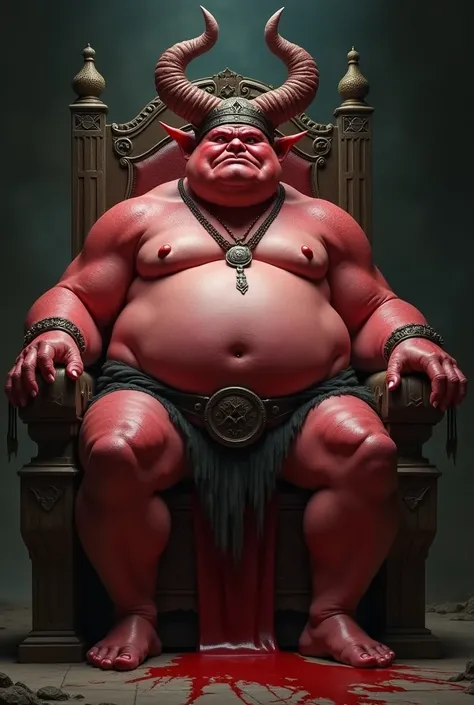 A detailed, rotund, fat demon king, obese and imposing with pale red skin, sits atop a throne. He has a round, fat face and his gaze fixed upon the viewer, adorned in a loincloth and a crown of horns, while a dark background emphasizes his regal yet malevo...