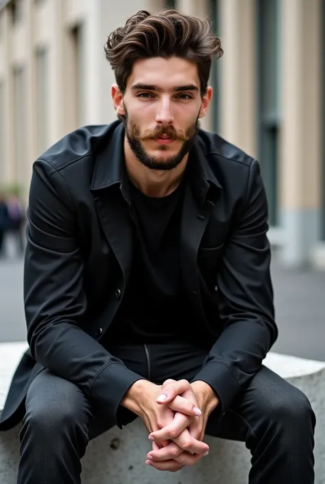 arafed man sitting on a concrete block with his hands folded out, with a beard and a black shirt, very attractive man with beard, riccardo scamarcio, with a small beard, with a beard and a black jacket, scruffy looking, short scruffy beard, curled beard, b...