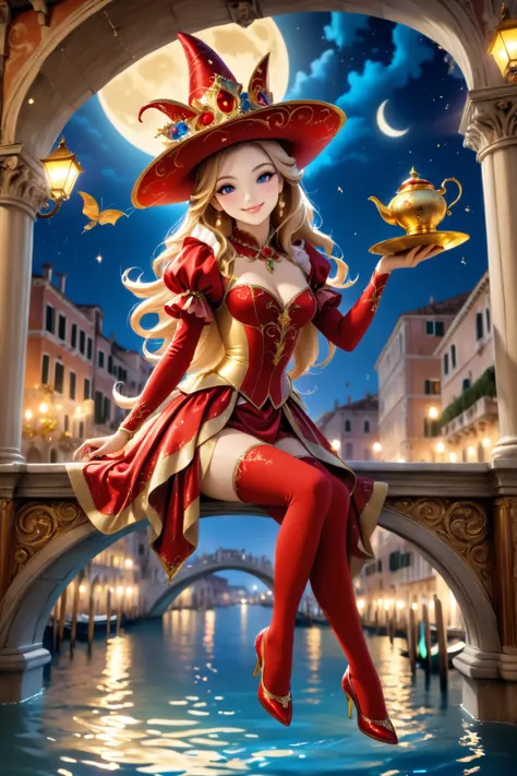 One young, sexy woman 。(3d、 Masterpiece、 highest quality、 very detailed depiction、 professional with a smile),
(Venice Carnival , red costume with gold glitter ),
( bewitching smile,  Perfect Female Proportions,  ideal figure,  attractive proportions,  Tig...