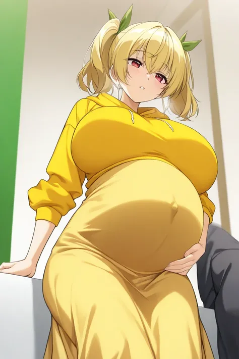 pregnant, big breast, yellow hoodie, yellow long skirt, green chroma key background, anime style, blonde twintail