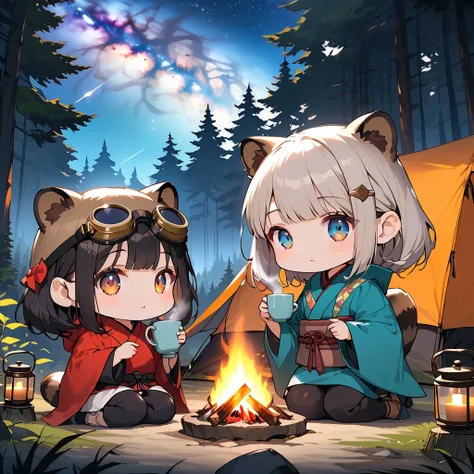 High detail, anime illustration style, masterpiece, ultra-definition, bright colors, pop style, ,((Moonlit Tea Ceremony)),tea kettle

,raccoon ,goggles, poncho, water bottle, binoculars,In the forest, looking at the sky, coffee cup, drinking hot coffee, co...