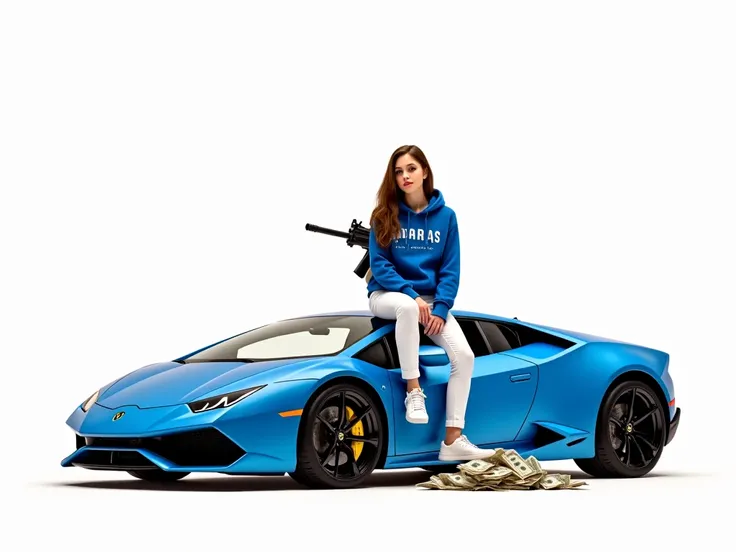 Арт FULL HD. A blue Lamborghini stands on a white background,  machine gun and a 20-year-old girl in white pants and a blue sweatshirt is sitting on the front of the hood,  with brown long hair .  The girl is holding a , and money bags and money bags are o...